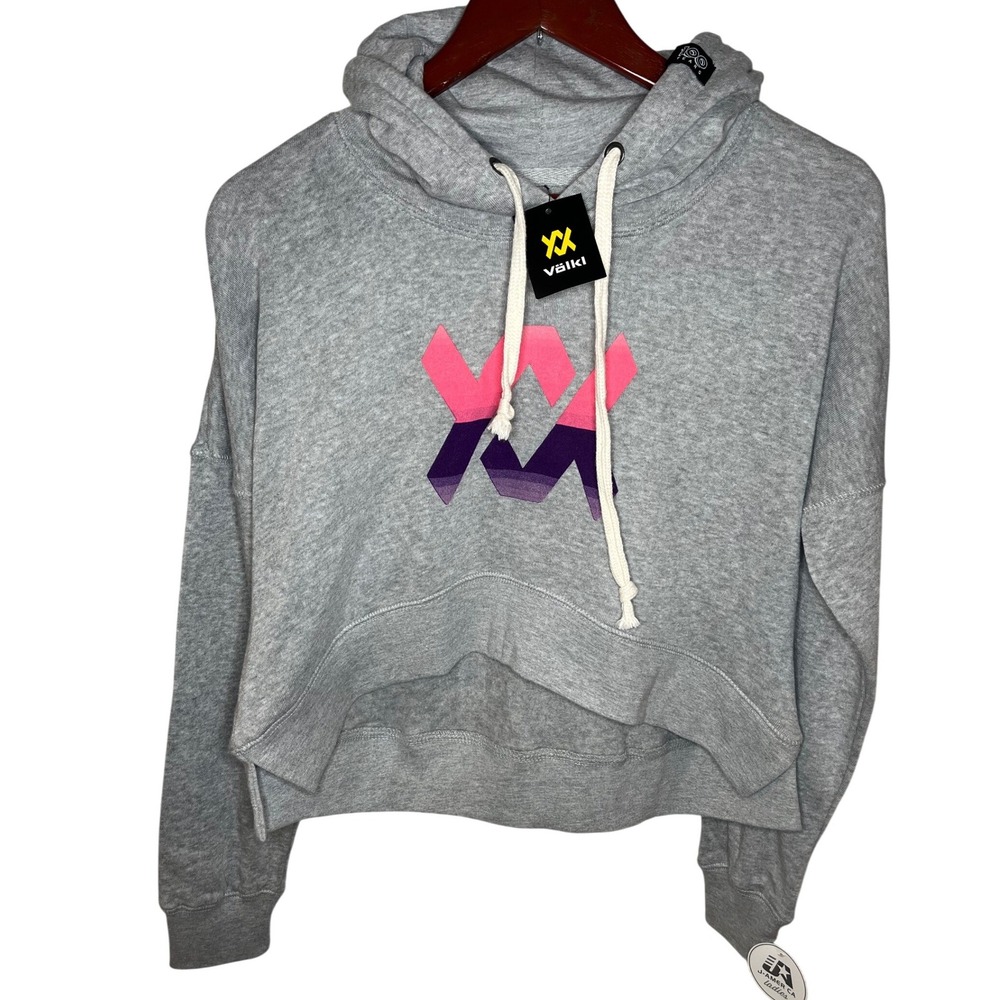 NWT Volkl Skis‎ Womens Crop Hoodie Heather Gray Pink Purple Logo Small
